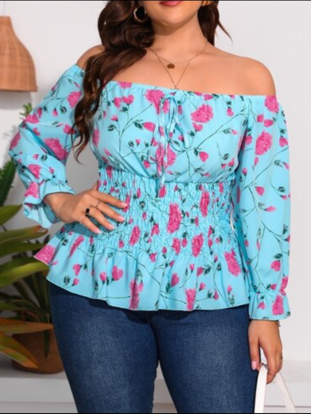 SHEIN Curve Floral Off the Shoulder Top Plus Size 2XL Light Blue Pink Smocked